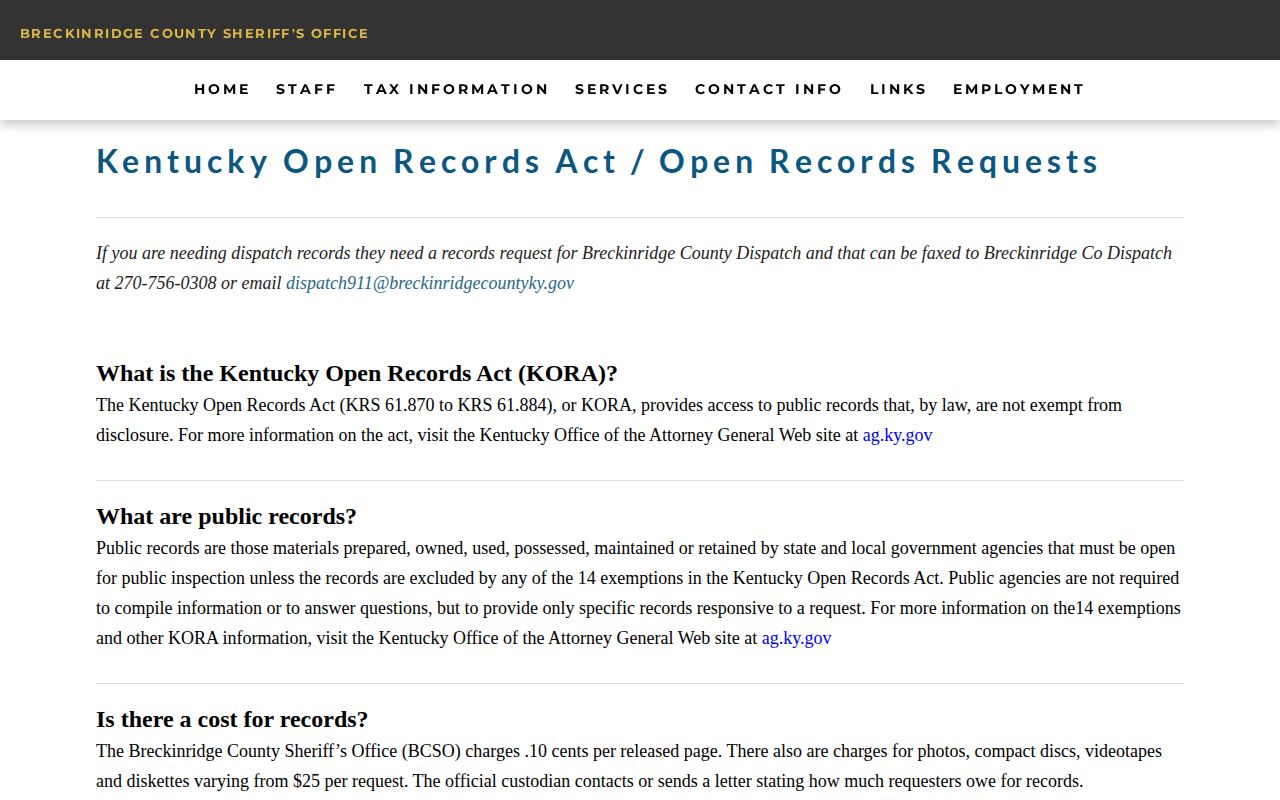 Breckinridge County arrest record request instructions