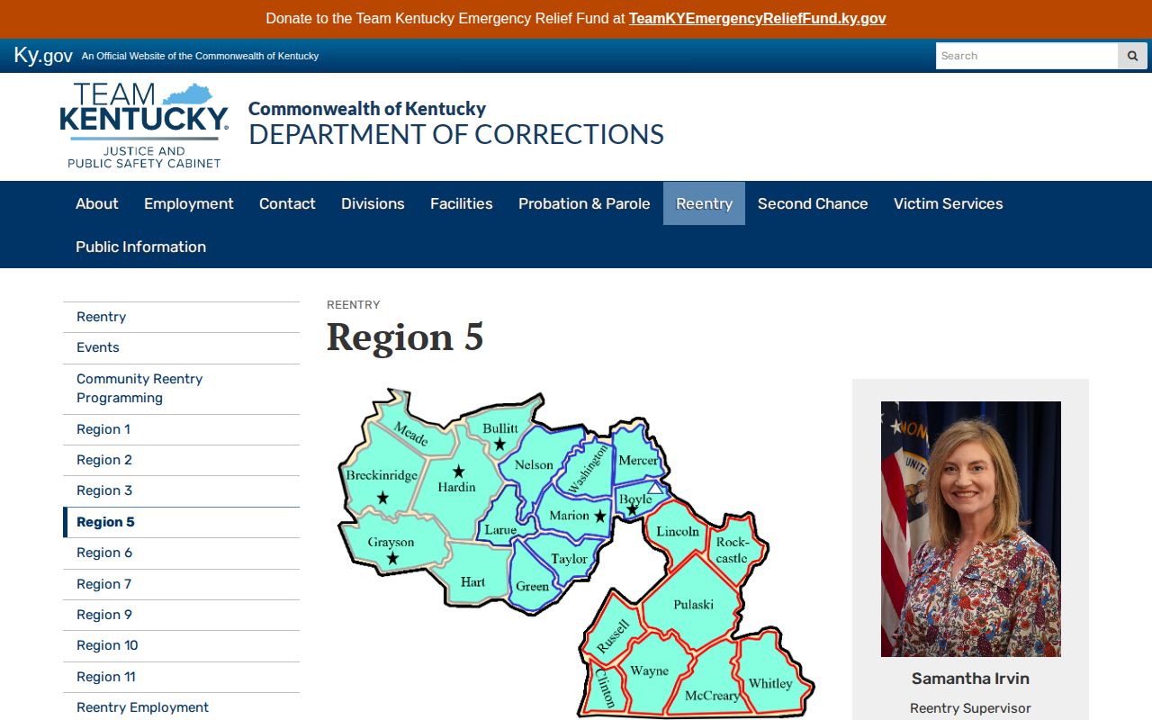 Kentucky DOC Region 5 coverage information relevant to Breckinridge County custody alerts