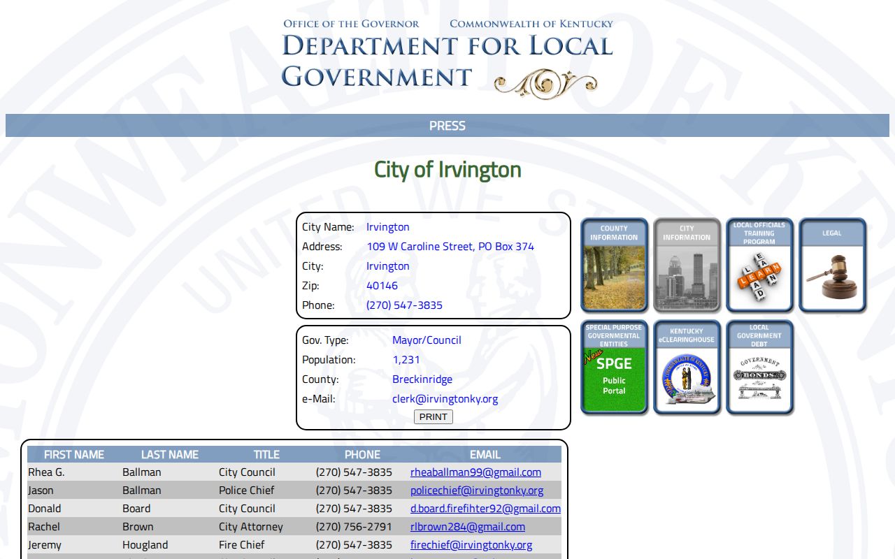 Kentucky Department for Local Government profile for Irvington