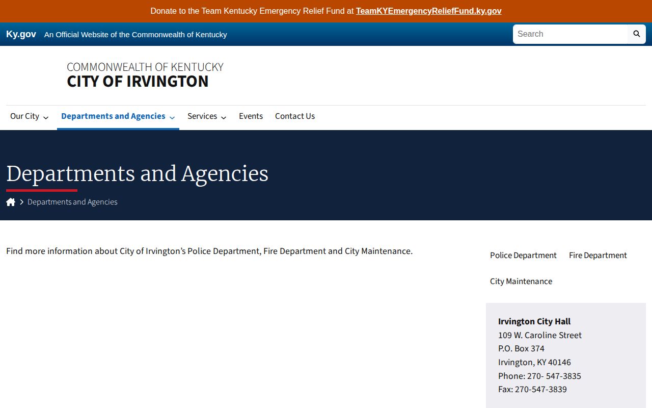 Official Irvington Kentucky departments and agencies page with city and police links