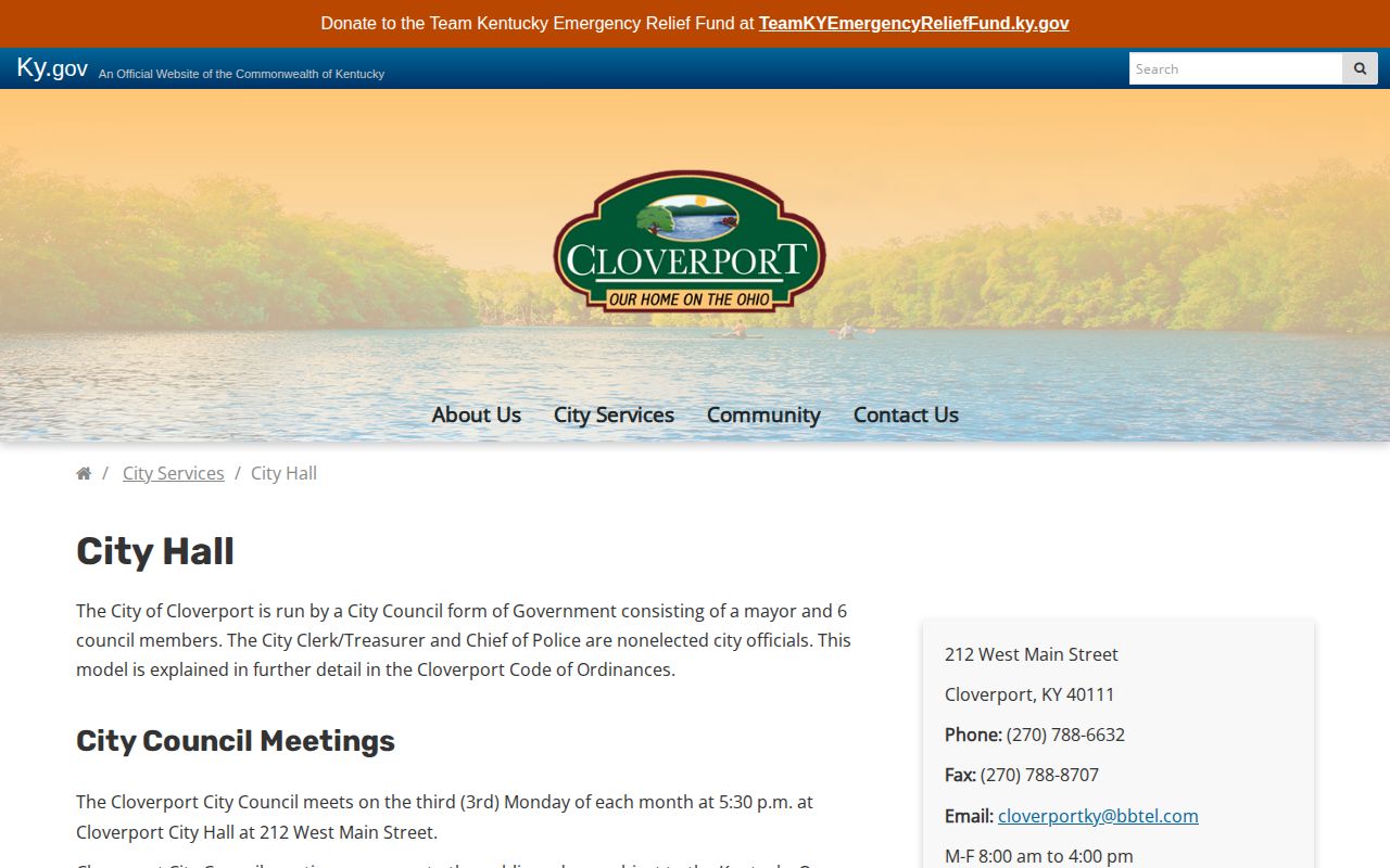 Official Cloverport City Hall page showing municipal contact information