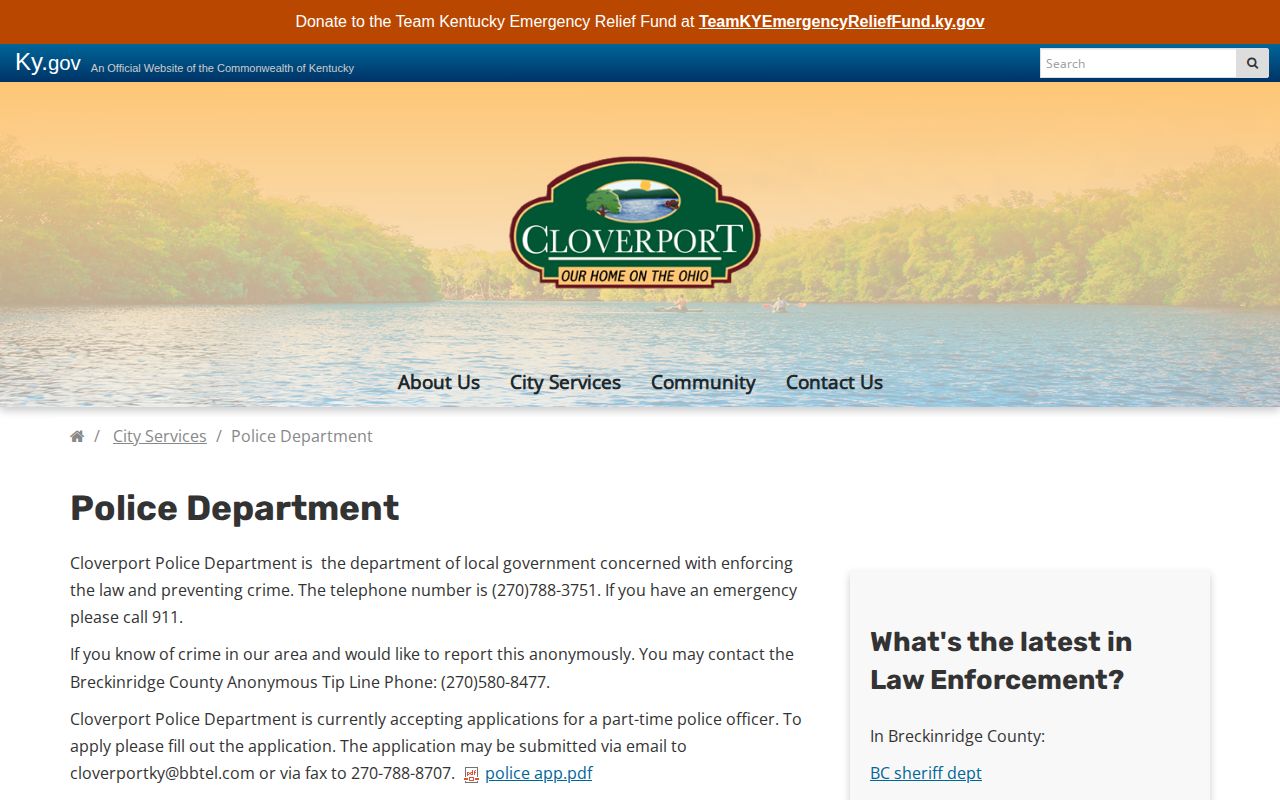 Official Cloverport Police Department page with police and tip contact information